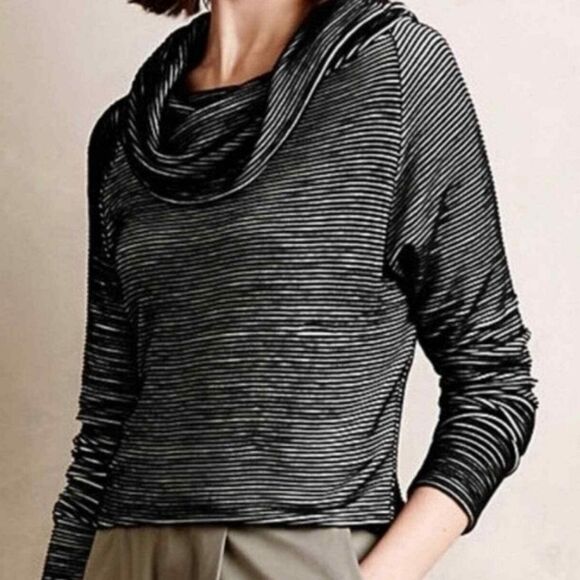 Dolan Black and Ivory White Rib Striped Cowl Neck Top Long Sleeve Medium - Picture 1 of 8